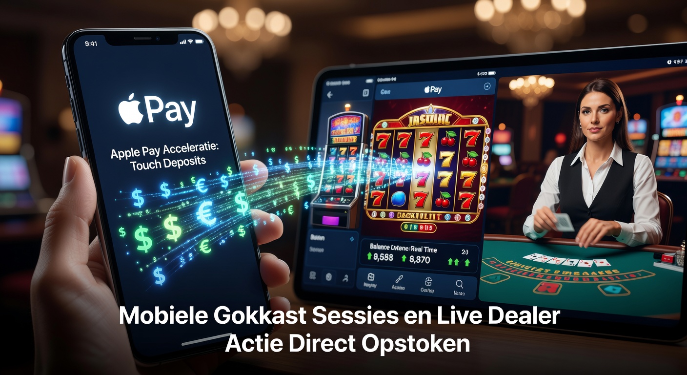 Smartphone met Apple Pay interface tijdens een snelle depositie bij een online casino-app, met vinger op Touch ID-sensor en draaiende gokkast in de achtergrond