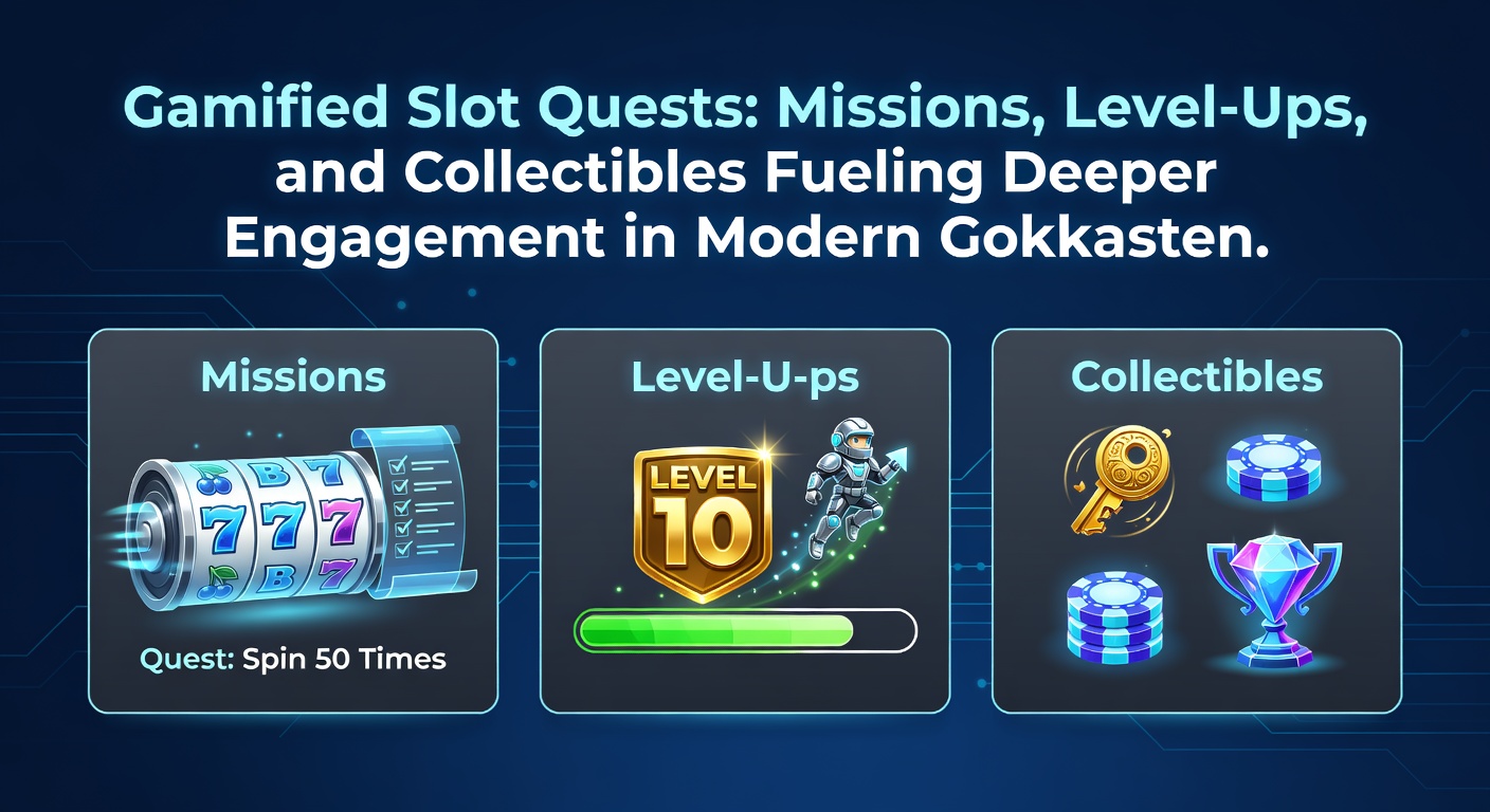 Speler navigeert door een gamified gokkast met quests, levels en verzamelbare items op een levendig scherm vol missies en beloningen