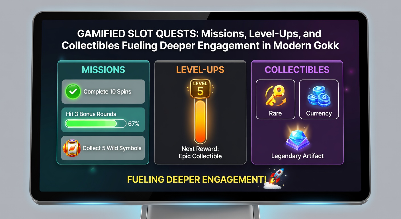 Close-up van een level-up scherm in een gamified slot, met progressiebalken, verzamelde items en ontgrendelde beloningen die exploderen in kleurrijke effecten