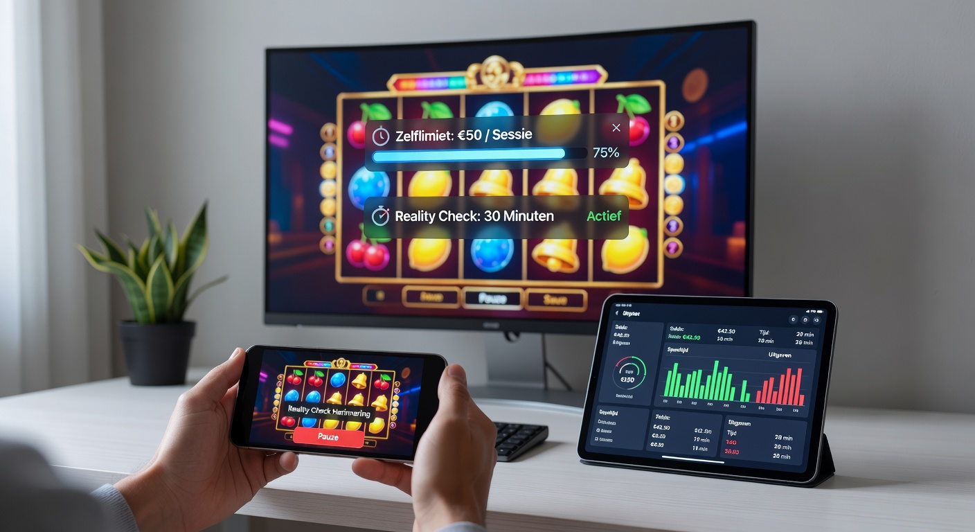Reality check pop-up op een mobiel gokkastscherm met tijd- en uitgavenoverzicht