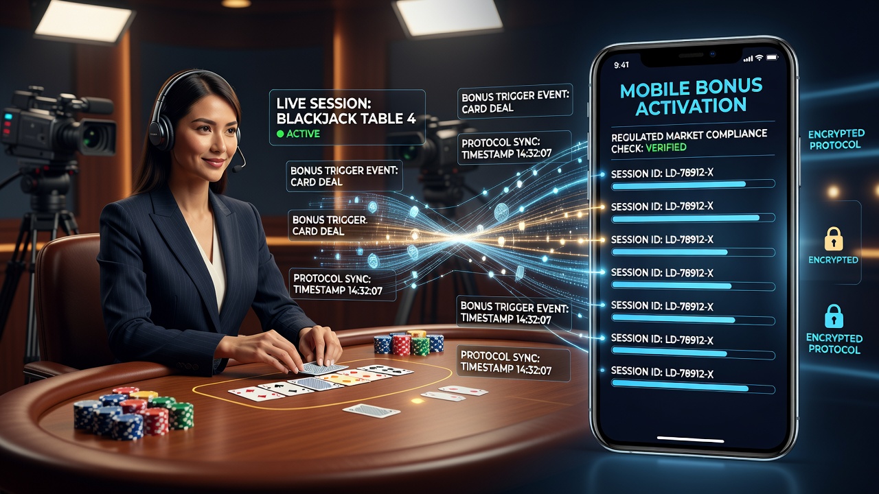 Mobiele app interface met live dealer en bonus activering