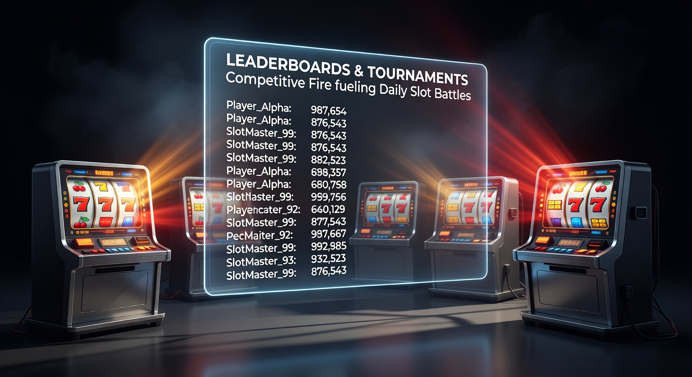 Spelers strijden om de toppositie op een bruisende leaderboard in een online slottoernooi, met felgekleurde grafieken en stijgende scores