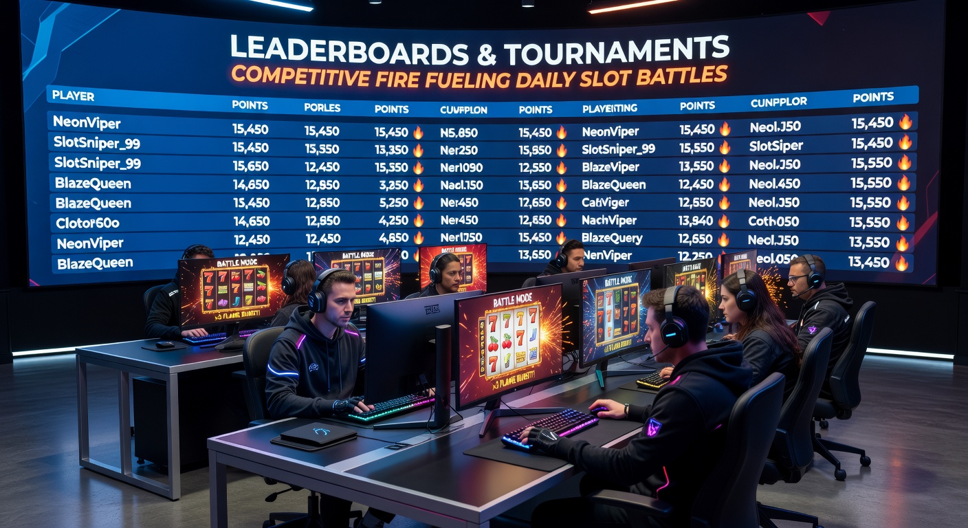 Een dynamisch slottoernooi-scherm met spelersnamen klimmend op de leaderboard, vuur-effecten en knipperende prijzen
