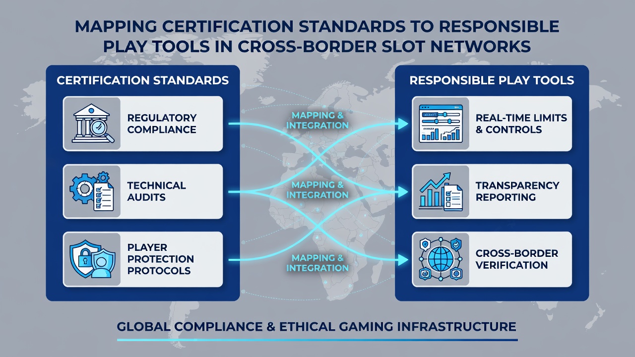 Diagram van mapping tussen certificeringsstandaarden en responsible play tools in slotnetwerken