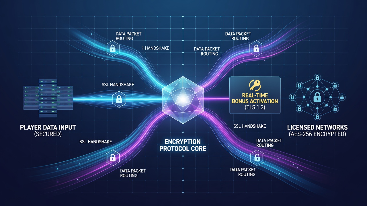 Diagram van encryptieprotocollen die data beveiligen tijdens bonusacties in online netwerken