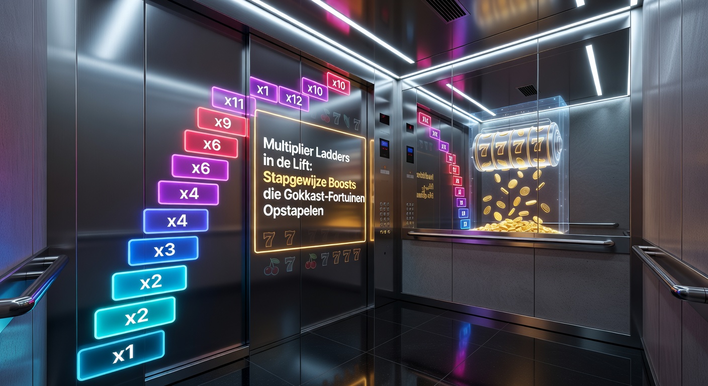 Dynamische close-up van een multiplier ladder in actie op een mobiel slot scherm, met vuurwerk-effecten bij elke trede en een jackpot die oploopt