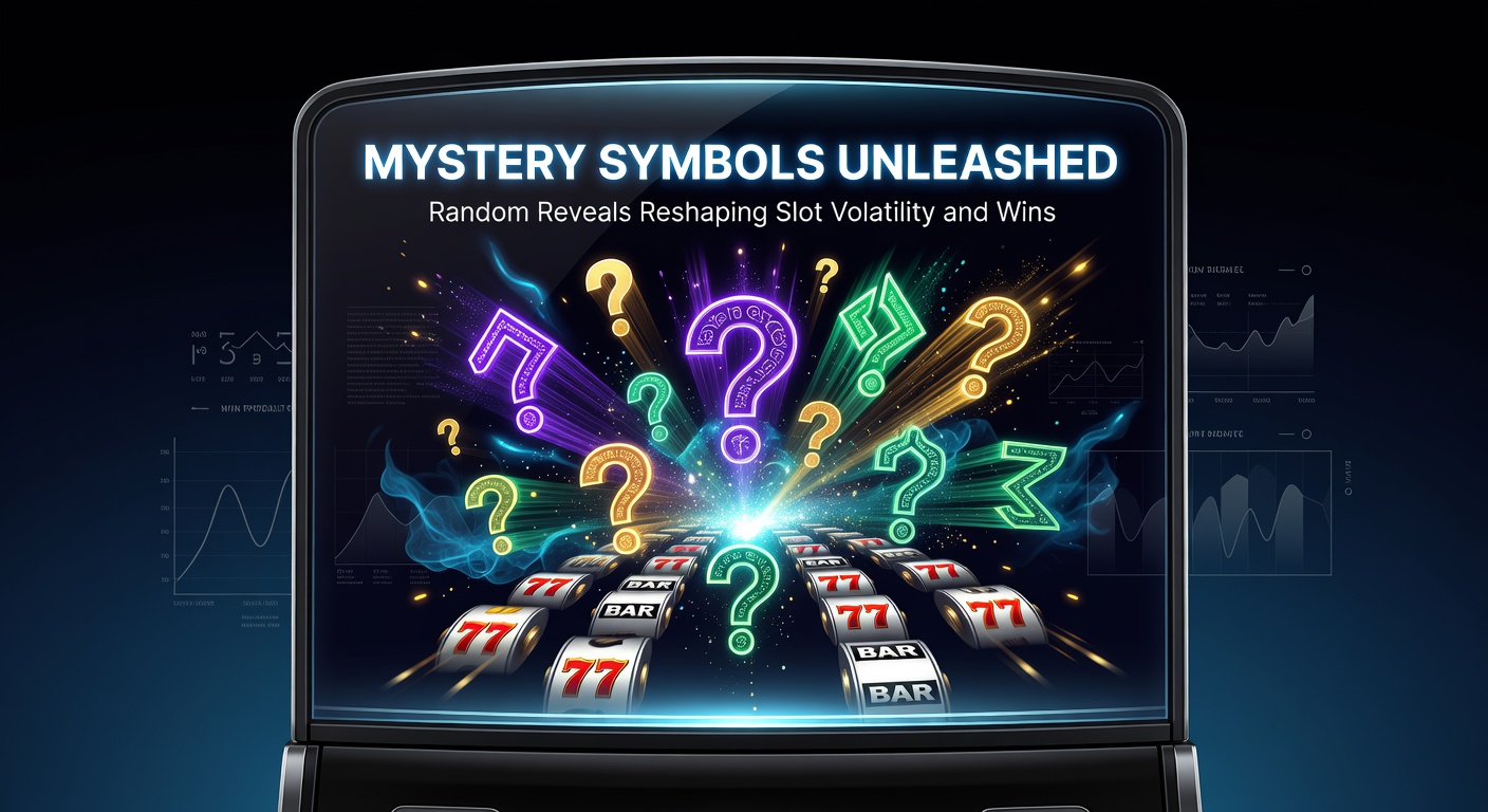Animatie van mystery symbols die zich onthullen tot hoge waarde symbolen op een draaiende gokkast, met explosieve winsten in de achtergrond