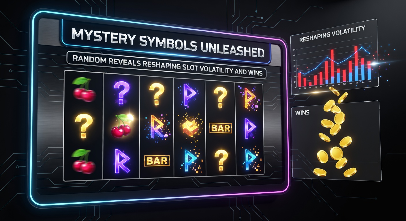 Close-up van een slot interface met mystery symbols die zich ontvouwen tot gouden wilds en scatters, omringd door vallende munten en vuurwerk-effecten