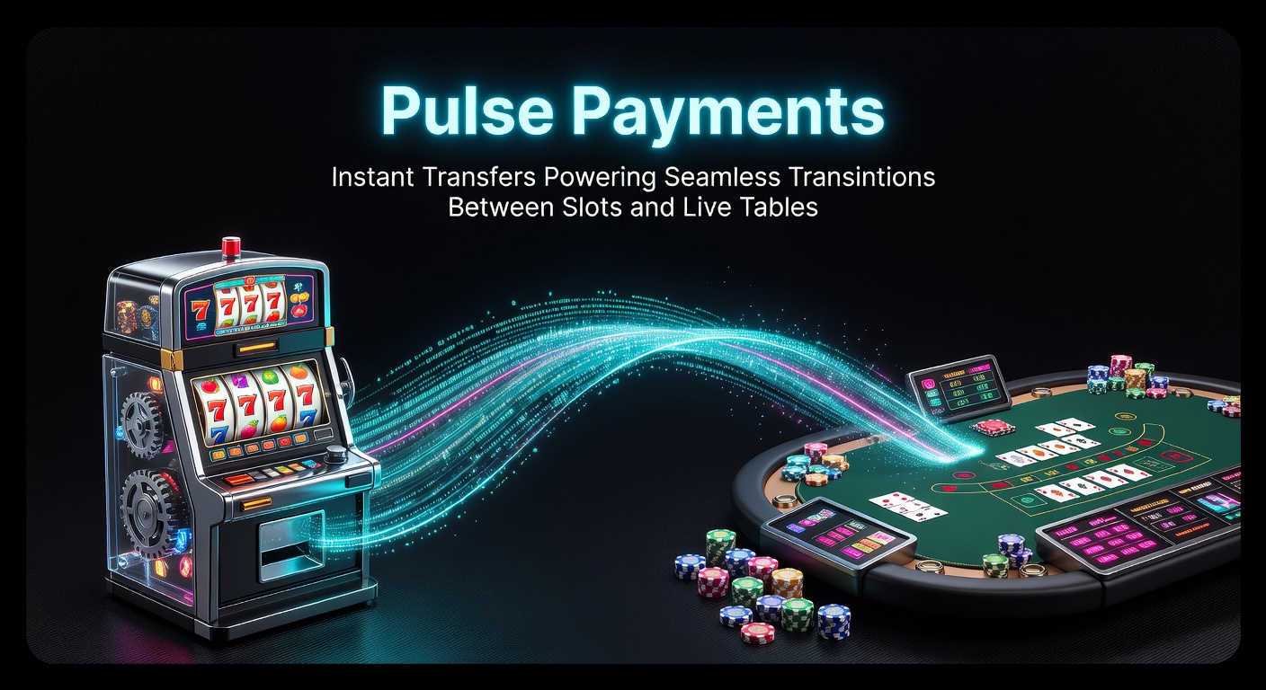 Schermafbeelding van een pulse payment-interface die een snelle overboeking toont tussen een gokkast en een live roulette-tafel, met real-time saldo-updates en knoppen voor directe transfers