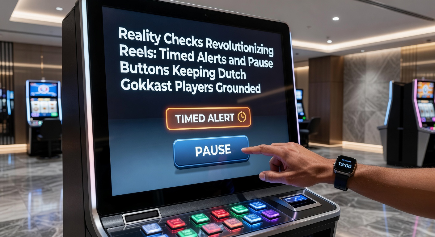 Schermafbeelding van een reality check-pop-up op een Nederlandse gokkast-interface met timer en pauze-optie