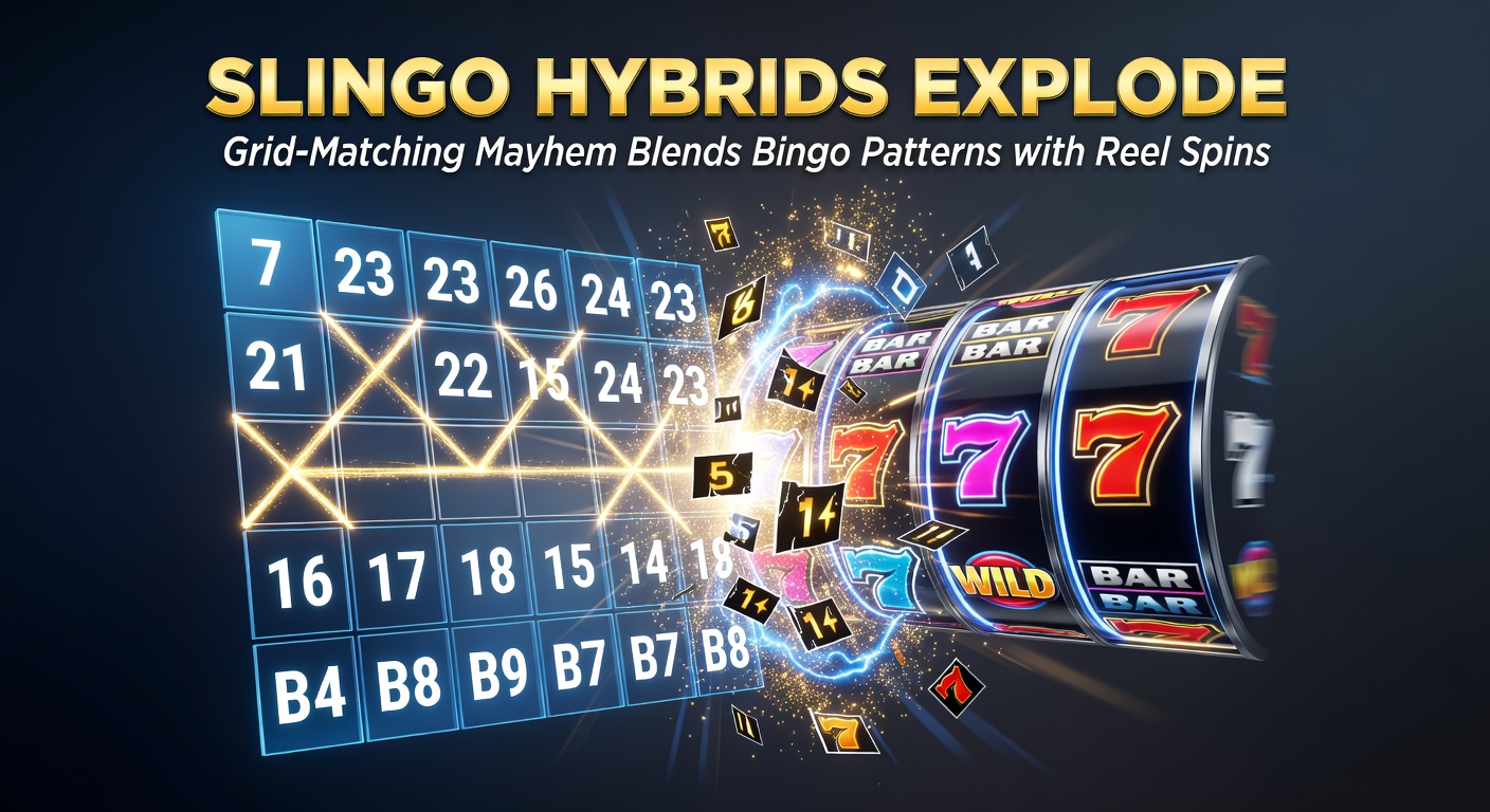 Schermafbeelding van een Slingo hybrid spel met een 5x5 grid vol bingo-nummers en draaiende reels vol kleurrijke symbolen die lijnen vormen