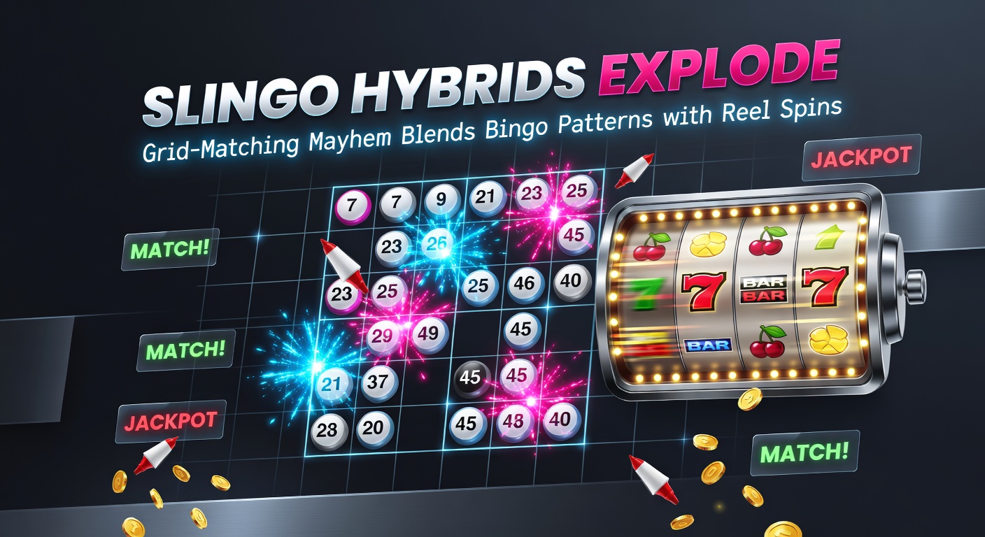 Close-up van een Slingo grid in actie met gemarkeerde bingo-lijnen, draaiende reels en exploderende multipliers die het scherm vullen met win-effecten