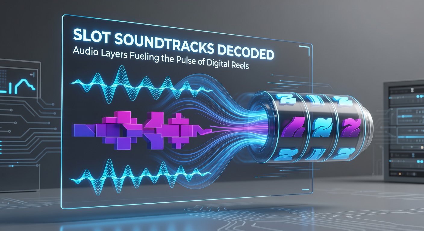 Visualisatie van audio-lagen in een slot soundtrack, met golfvormen voor basisgeluiden, melodie en effecten die overlappen tijdens een bonusronde