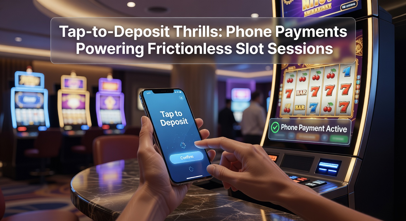 Smartphone met tap-to-pay interface naast een draaiende online slot machine, symboliserend snelle deposits voor gokplezier