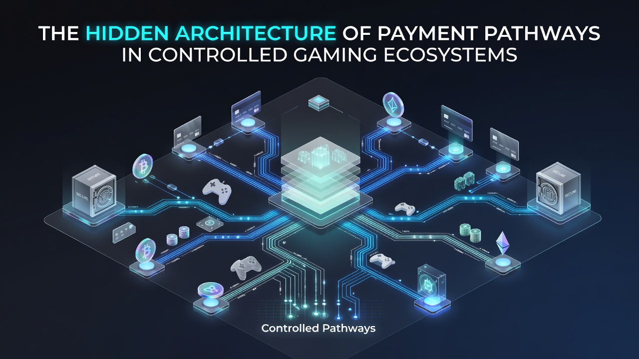 Illustratie van betalingsroutes in gereguleerde gaming platformen met beveiligde datastromen
