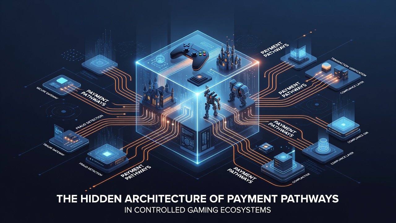 Diagram van beveiligde betalingsarchitectuur met encryptie en monitoring in gaming ecosystemen