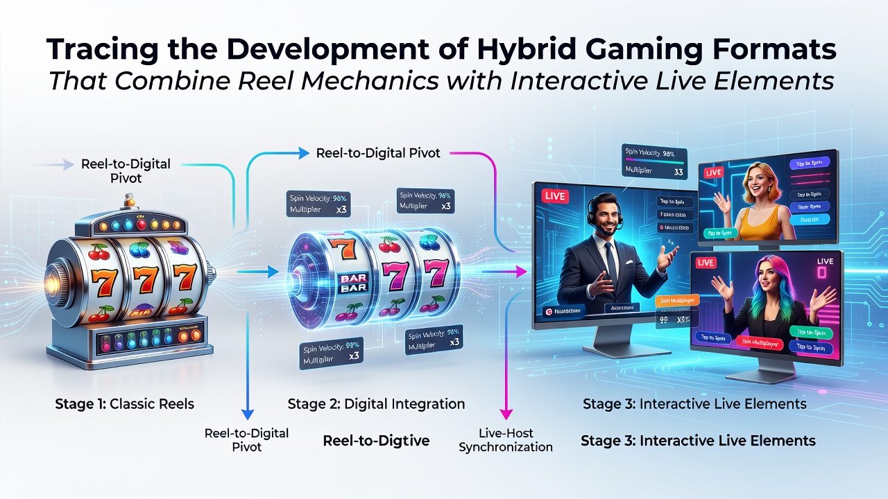 Illustratie van vroege hybride gamingopstellingen met reel symbolen en live dealers in studio-omgevingen